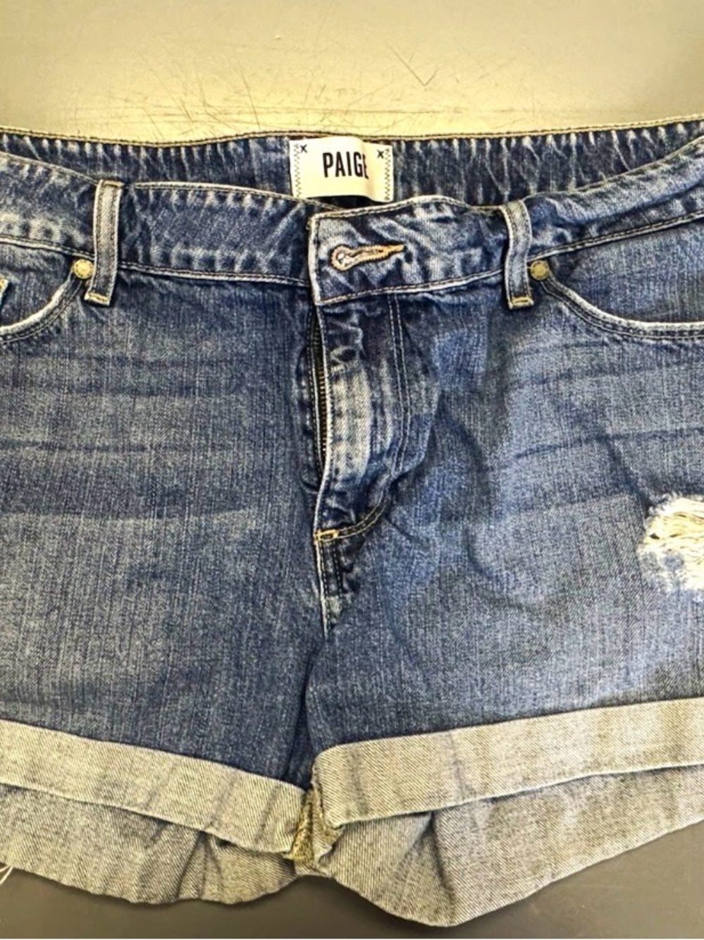 PAIGE Medium Blue Denim Cuffed Jean Shorts